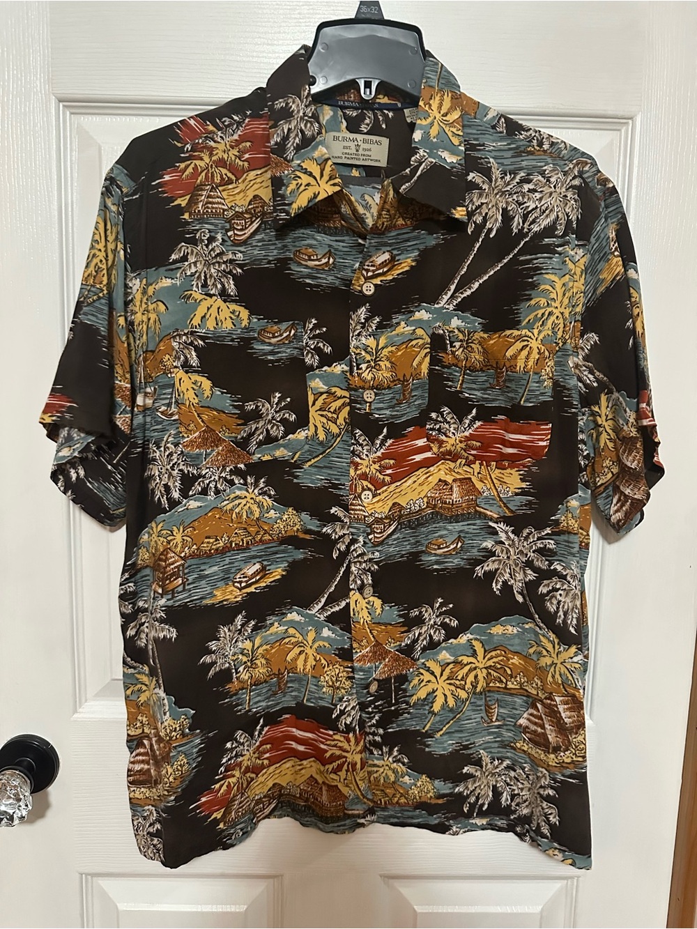 Burma Bibas Island-Scene Men’s Large Short-Sleeve Button-Down Shirt - Brown